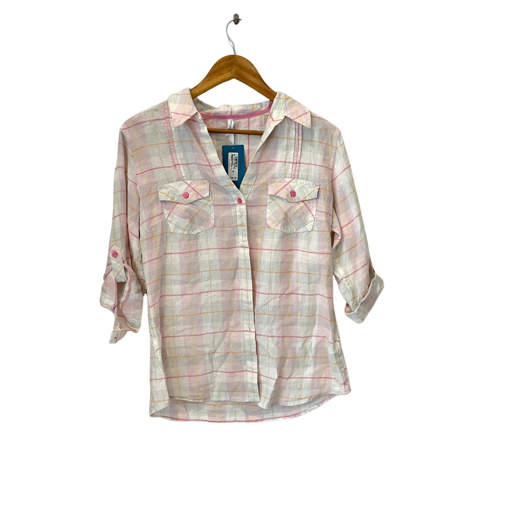 Marks & Spencer Pink and White Checked Linen Collared Shirt | Brand New |