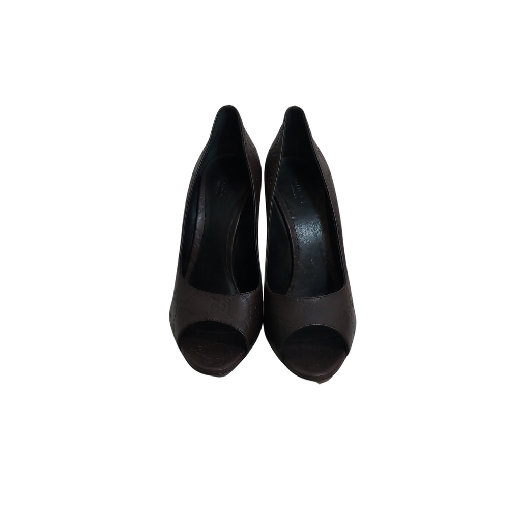 Gucci Brown and Black Guccissima Leather Peep Toe Pumps | Gently Used |
