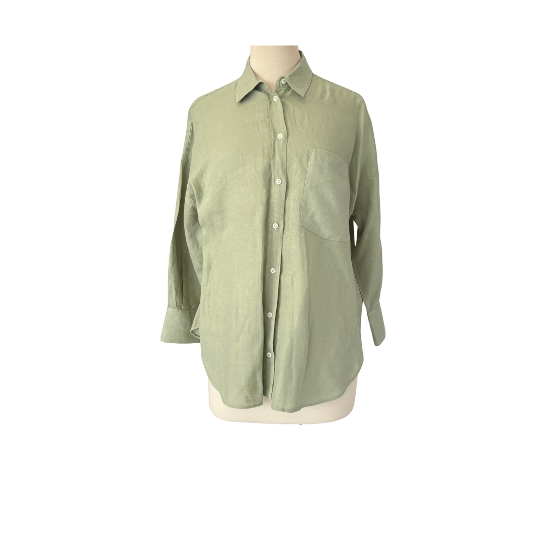 ZARA Sage Green 100% Linen Collared Button Down Shirt | Gently Used