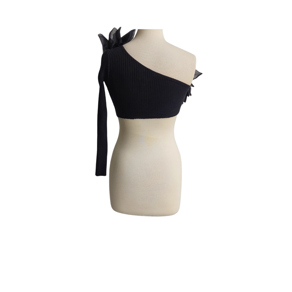 ZARA Black Ribbed One-Shoulder Ruffle Detail Crop Top | Brand New |
