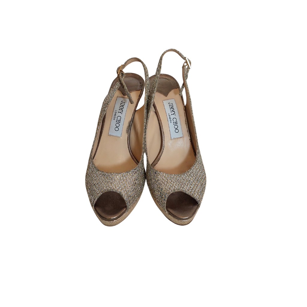 Jimmy Choo Silver & Gold Glitter Mesh Fabric Peep Toe Heels | Pre Loved |
