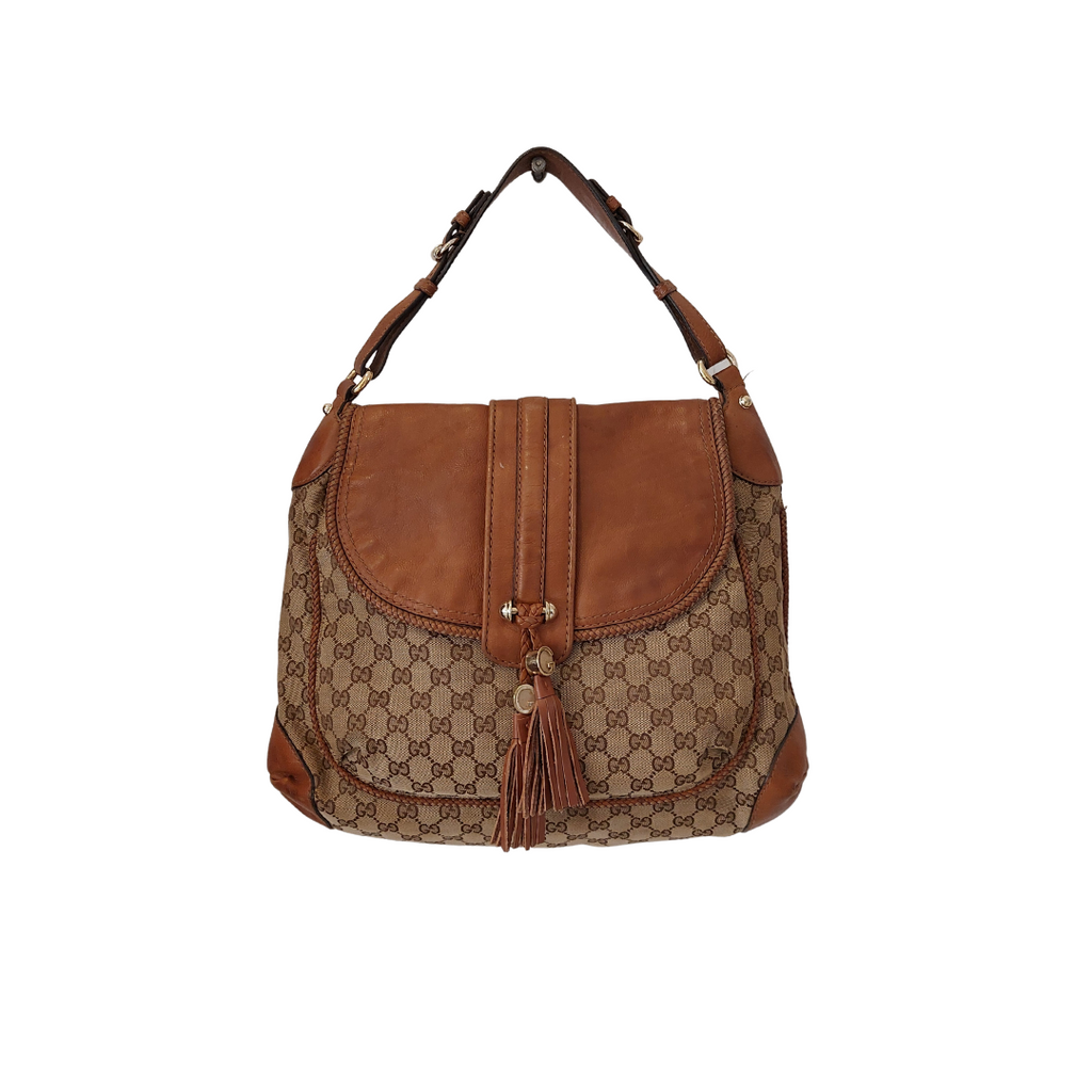 Gucci Marrakech Brown Monogram Canvas and Leather Shoulder Bag | Pre Loved |