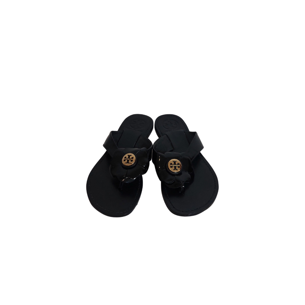 Tory Burch Breely Black Patent Gold Logo Flower Flip-Flops Sandals | Pre Loved |