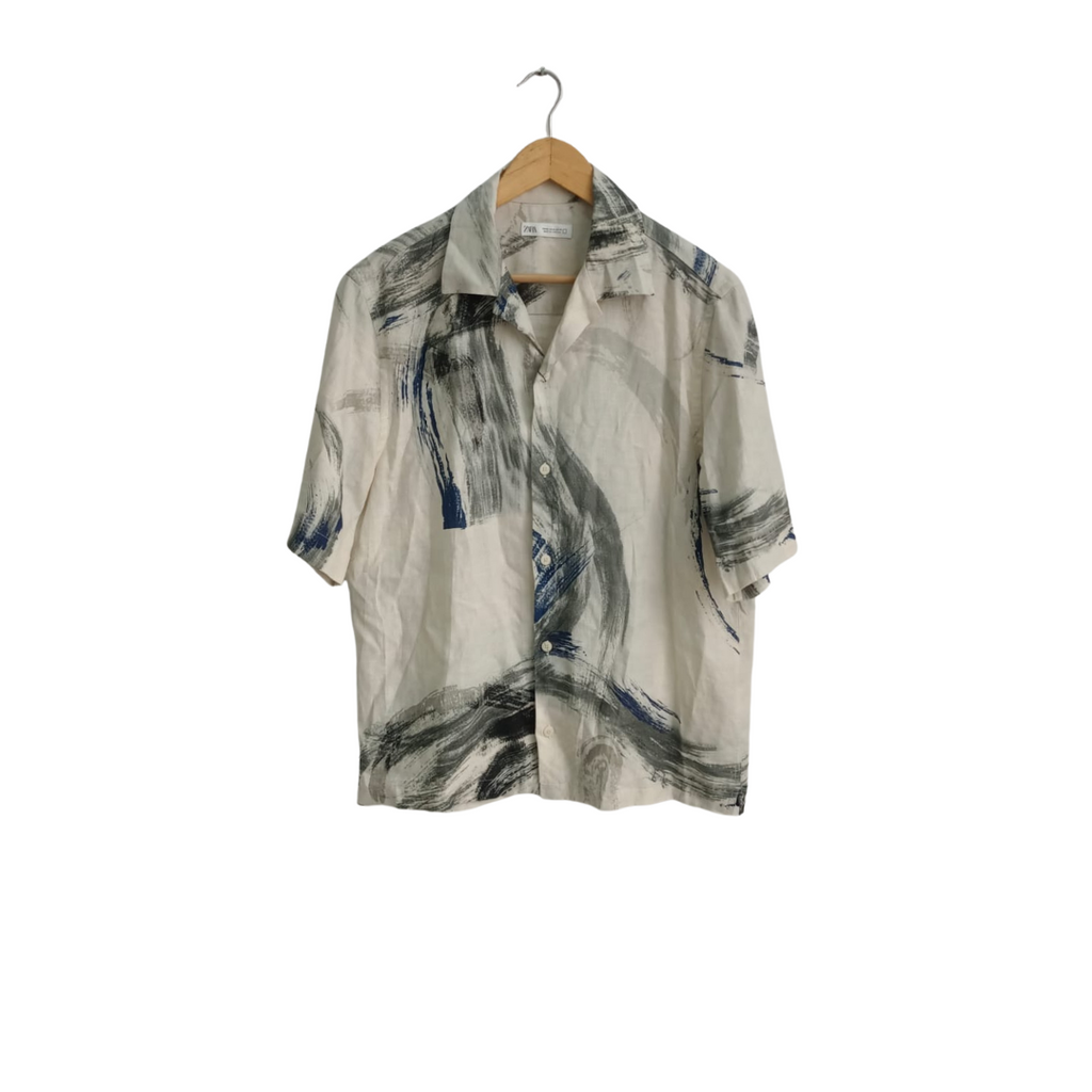 Zara Men's Cream Short Sleeve Blue & Grey Printed Shirt | Brand New |