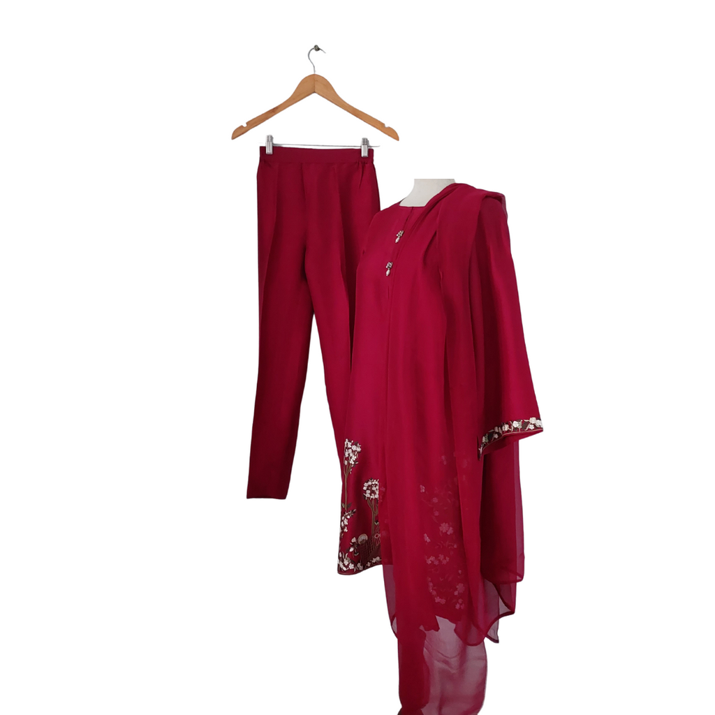 Shamsha Hashwani Maroon Embroidered Silk Outfit (3 pieces) | Pre Loved |