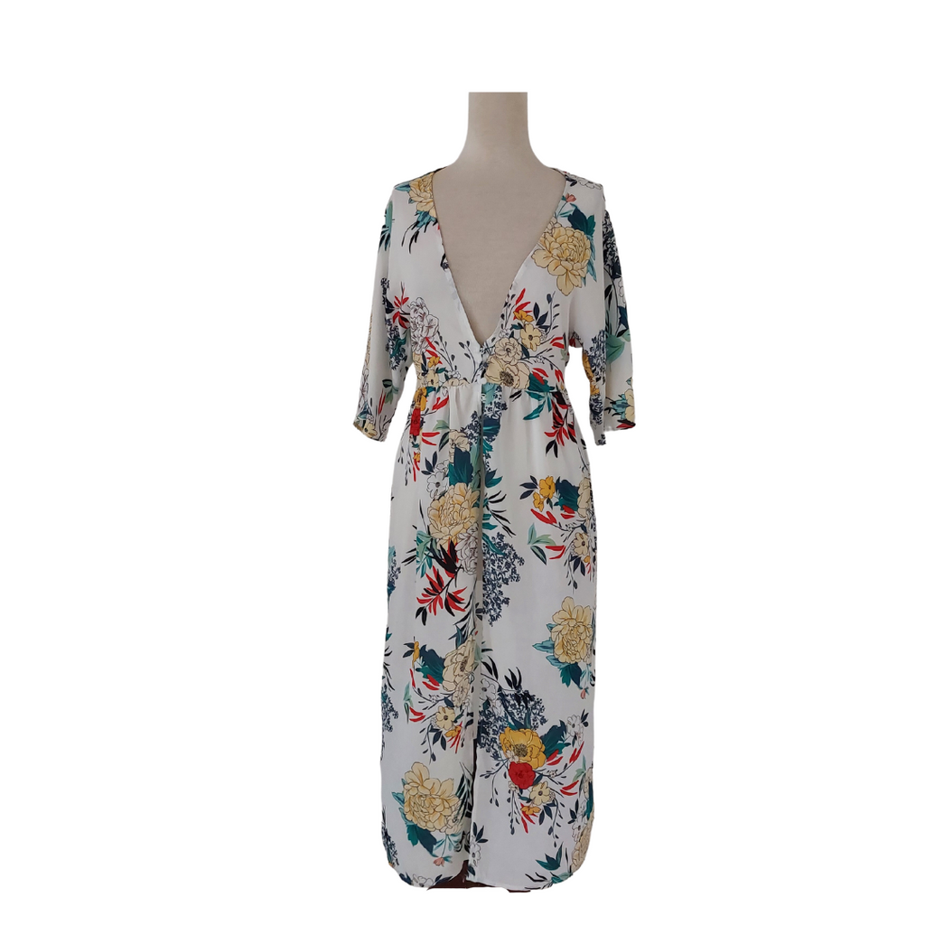 Primark White Floral Printed Deep V-Neck Long Cover Up | Gently Used |