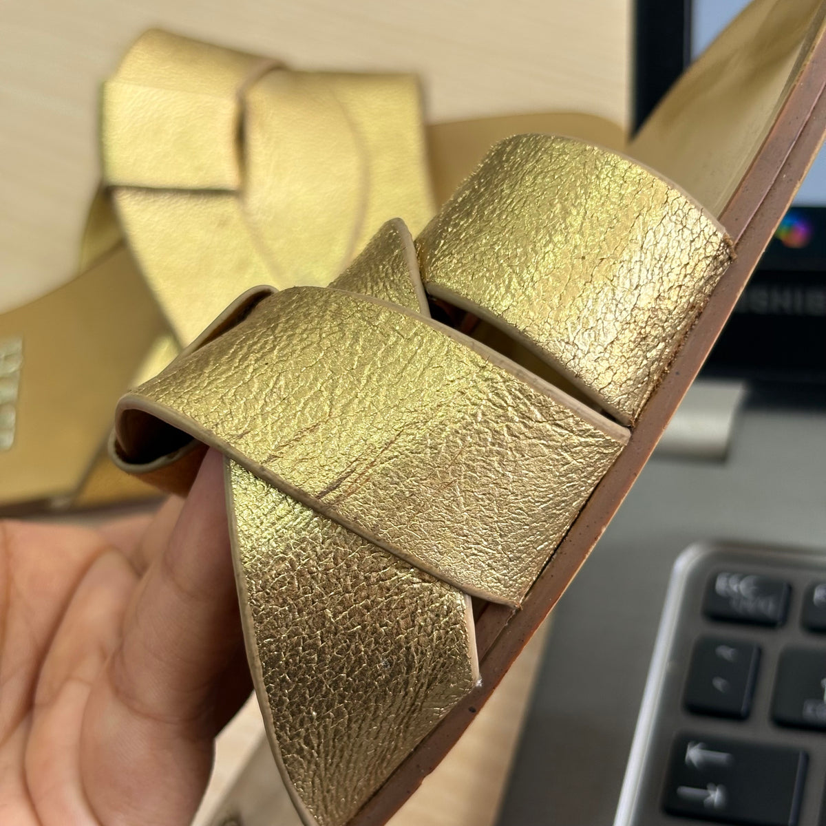 Zara Metallic Gold Leather Cross Strap Sandals | Pre Loved |
