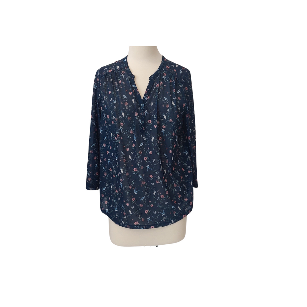 H&M Navy Bird and Floral Printed V-neck Top | Gently used |