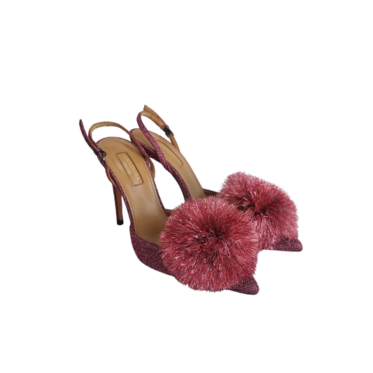 Aquazzura Metallic Pink Lurex Fabric Powder Puff Ankle Sling Sandals | Pre Loved |