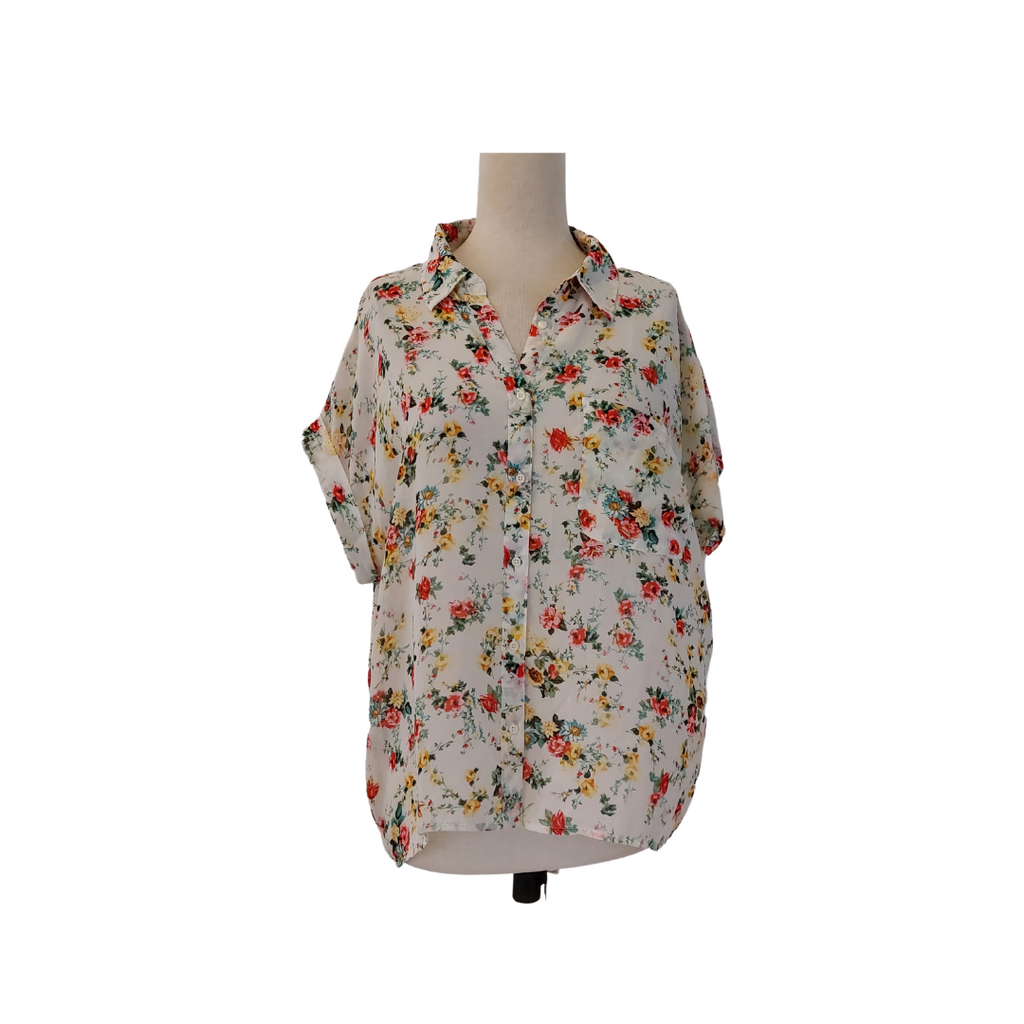 Mango White Sheer Floral Collared Short Sleeve Shirt | Gently Used |