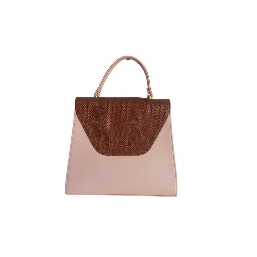 Jafferjees Pink & Brown Snake Print Leather Top Handle Satchel Bag | Gently Used |