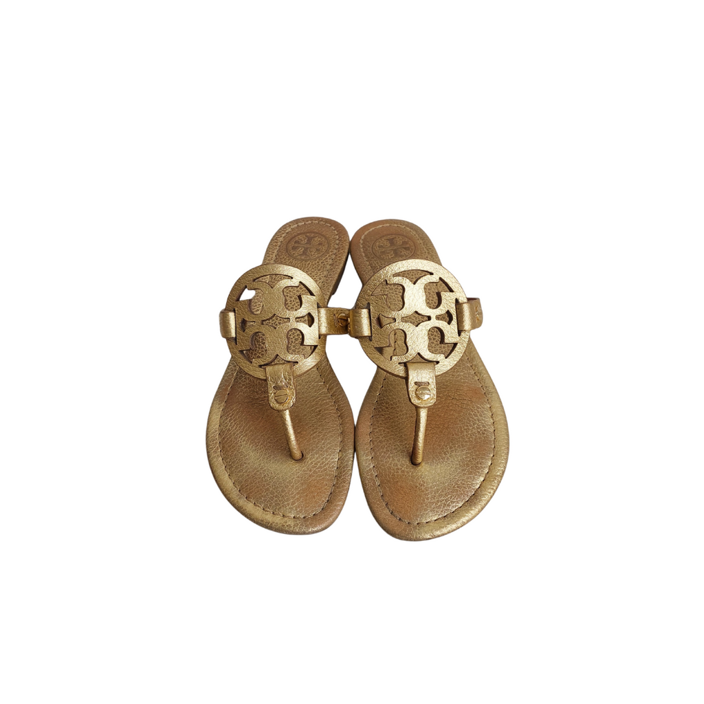 Tory Burch Gold Tumbled Metallic Leather Miller Sandals | Pre Loved |