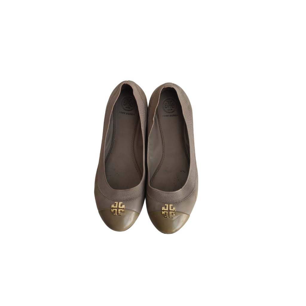 Tory Burch Grey Leather Two-Toned Jolie Ballet Flats | Pre Loved |
