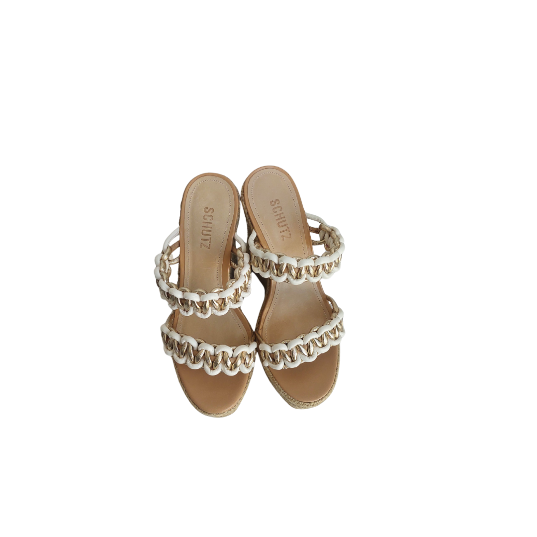 Schutz Juliet Tan And White Chain-trim Wedge Platform Sandals | Gently Used |