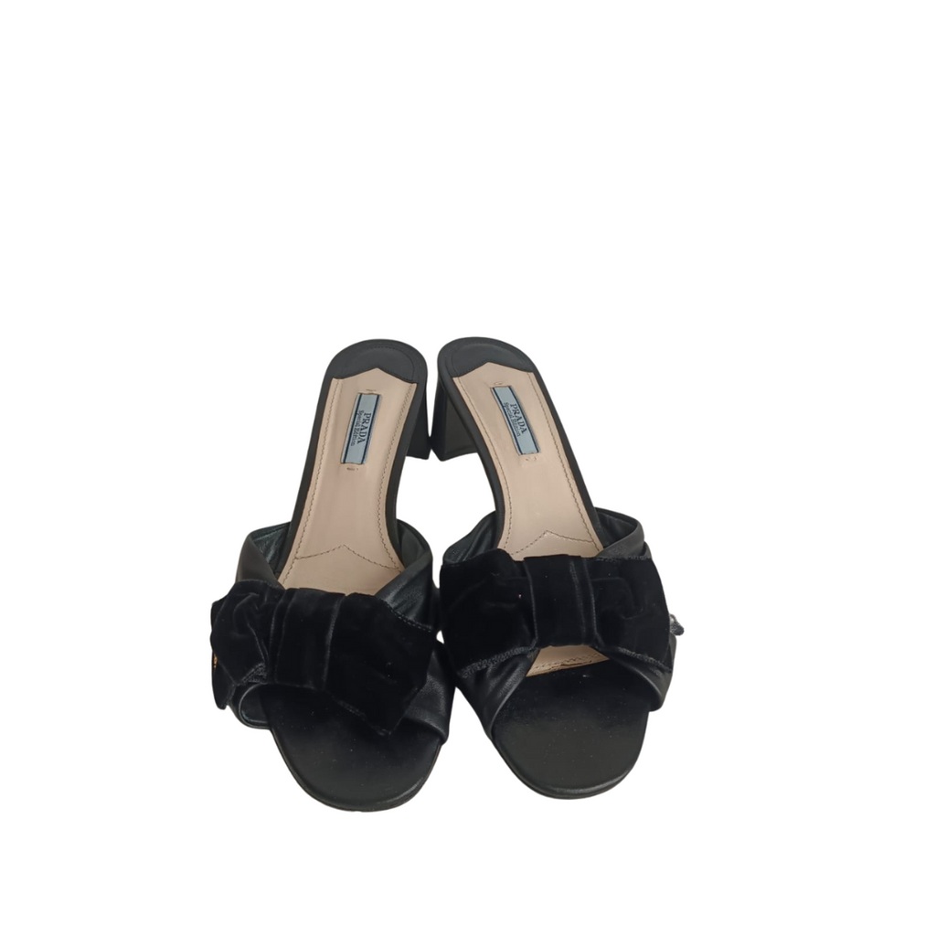 Prada Black Leather & Velvet Bow Block Heel Sandals | Pre Loved |