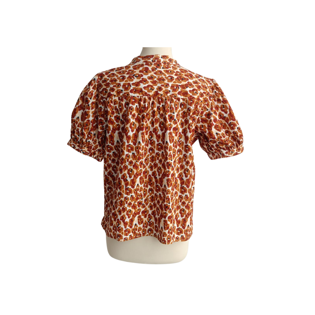 Nine West Brown Print Puff Sleeves Button Down Shirt | Like New |