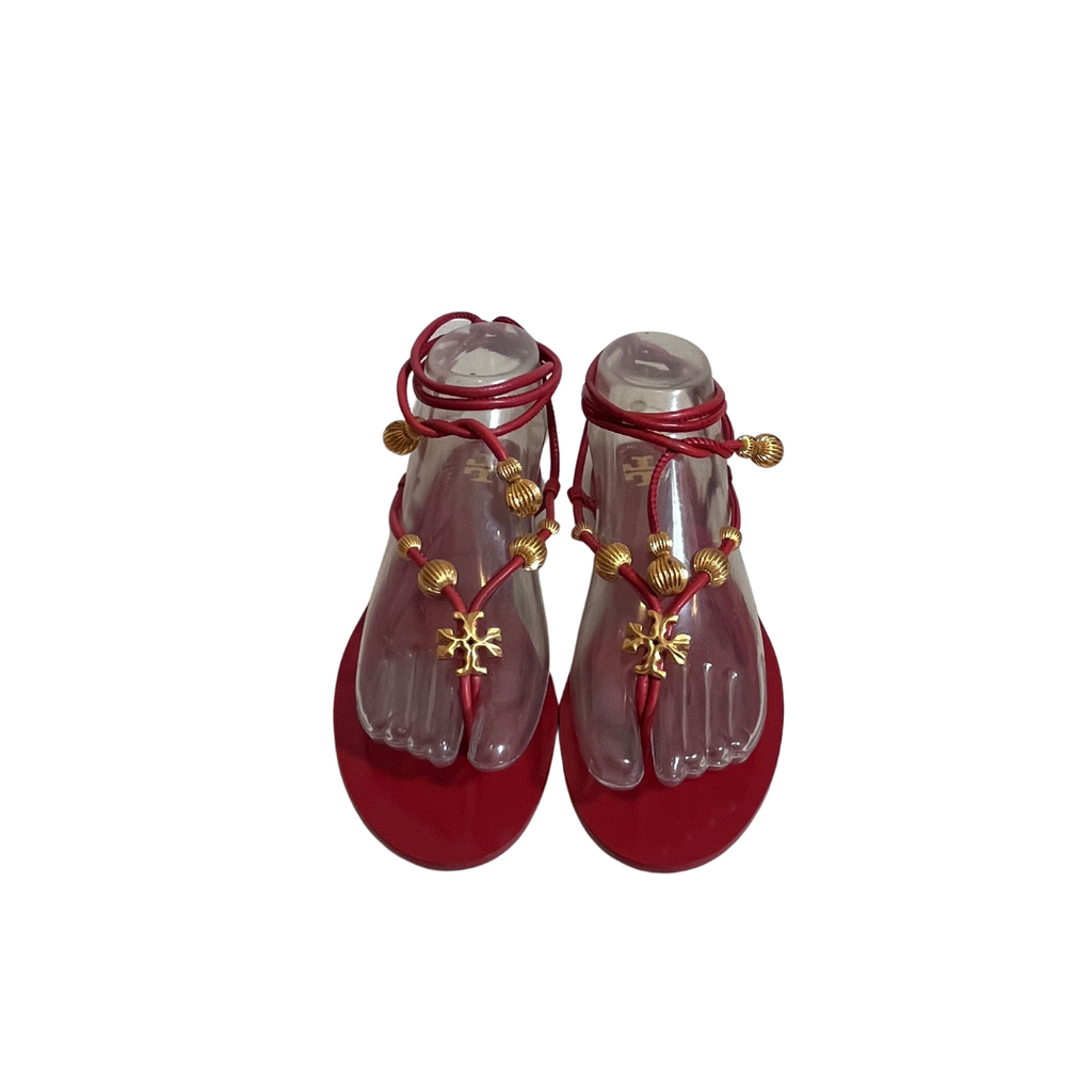 Tory Burch Red Leather Capri Flat Lace Up Sandals | Pre Loved |