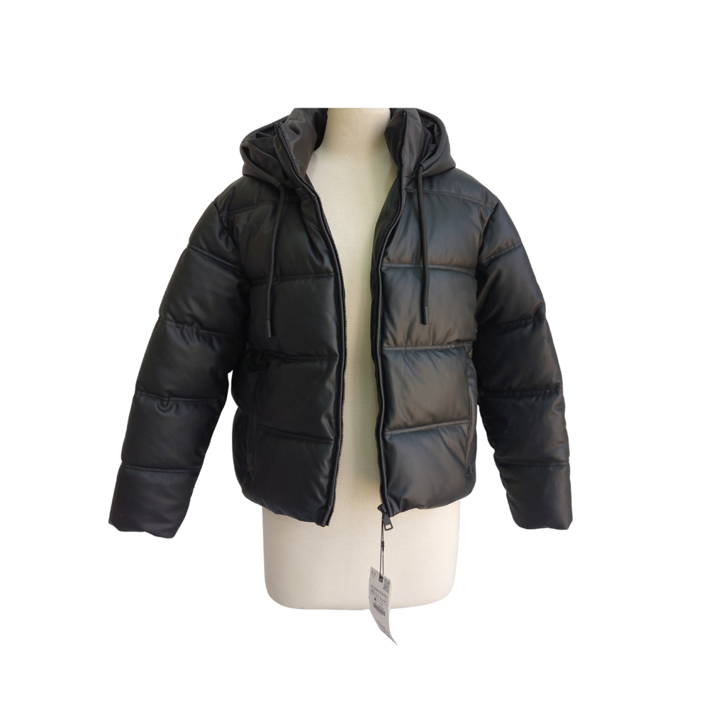 ZARA Black Faux Leather Hooded Zipper Jacket | Brand New |