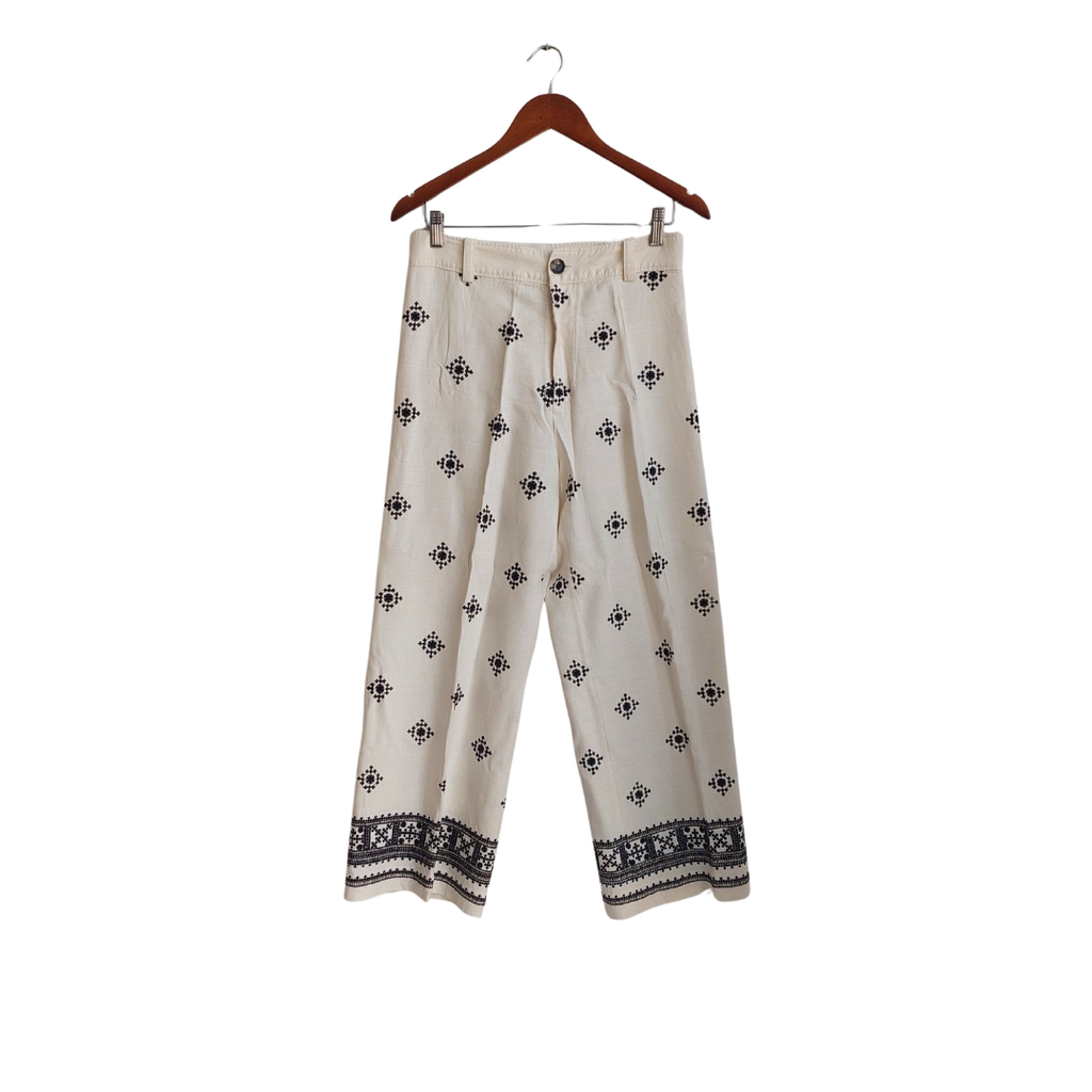ZARA White & Black Embroidered Wide Leg Pants | Gently Used |