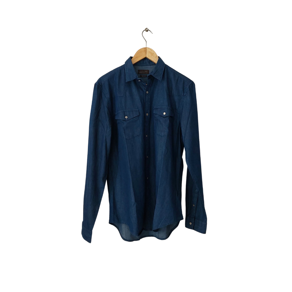 ZARA Men's Dark Blue Slim-fit Press-buttons Collared Shirt | Pre Loved |