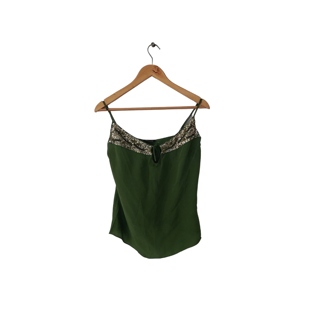 Massimo Dutti Green with Gold Sequins Slip Top | Gently Used |
