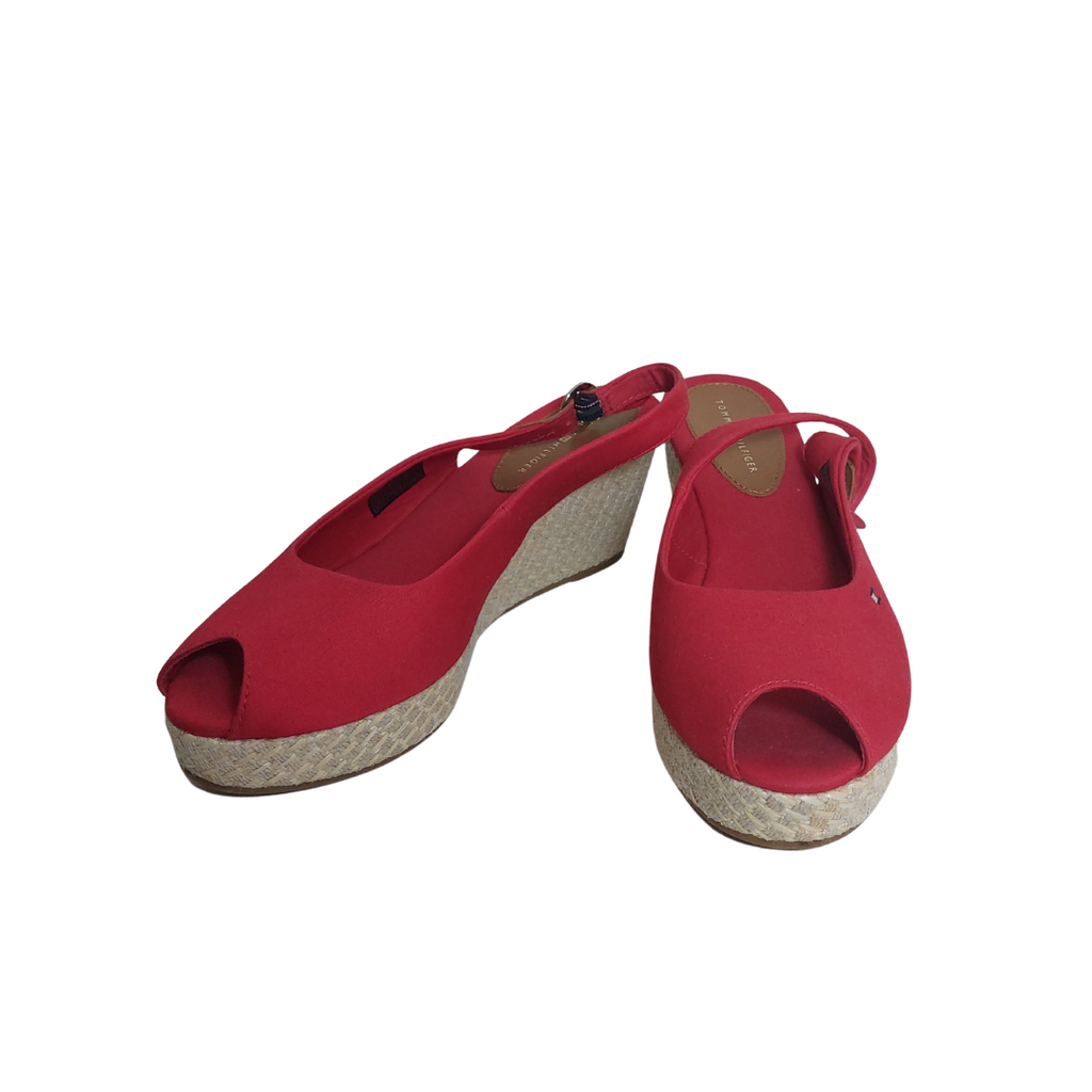 Tommy Hilfiger Red Canvas & Jute Peep-toe Wedges | Like New |