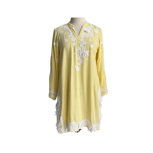 Sana Safinaz Lemon Yellow And White Lace Appliqued Kurta | Gently Used |