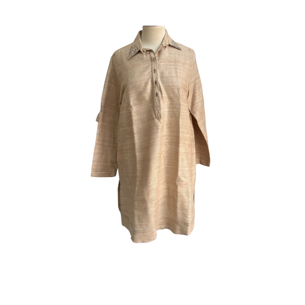 Shamsha Hashwani Light Brown Jute Embroidered Kurta | Gently Used