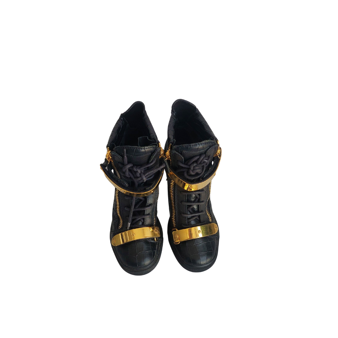 Giuseppe Zanotti Black Crocodile Embossed Leather Lorenz Wedges | Pre Loved |