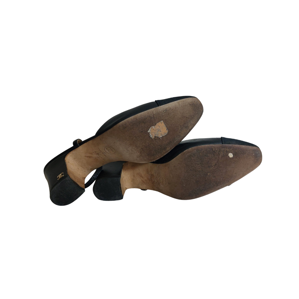 Chanel Black Leather CC Slingback Heels | Pre Loved |