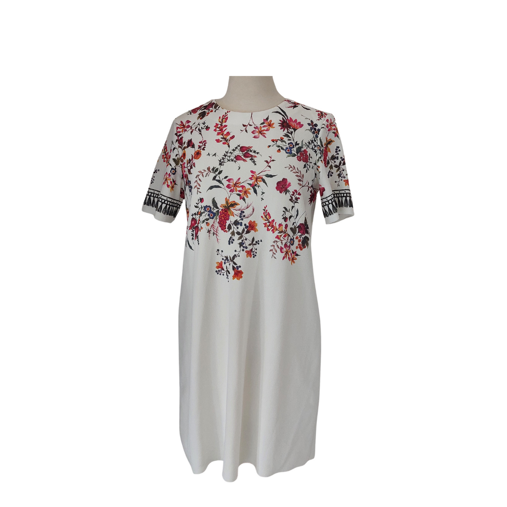 Zara White Textured Floral Printed Knee Length Dress | Gently Used |