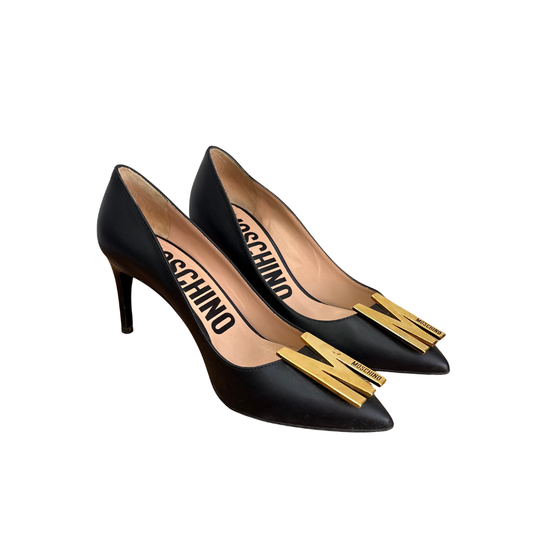 Moschino Black Leather Logo Lettering Pointed Toe Pump | Gently Used |