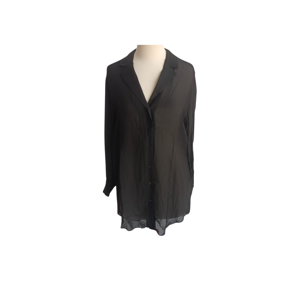 ZARA Black Semi-Sheer Satin Trim Collared Shirt | Pre Loved |