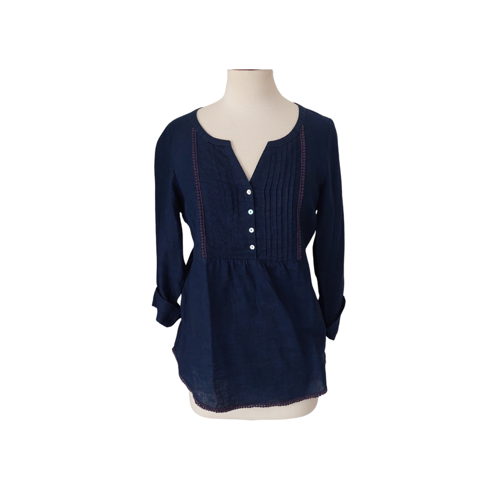 M&S Navy Linen Lace Detail Top | Gently Used |