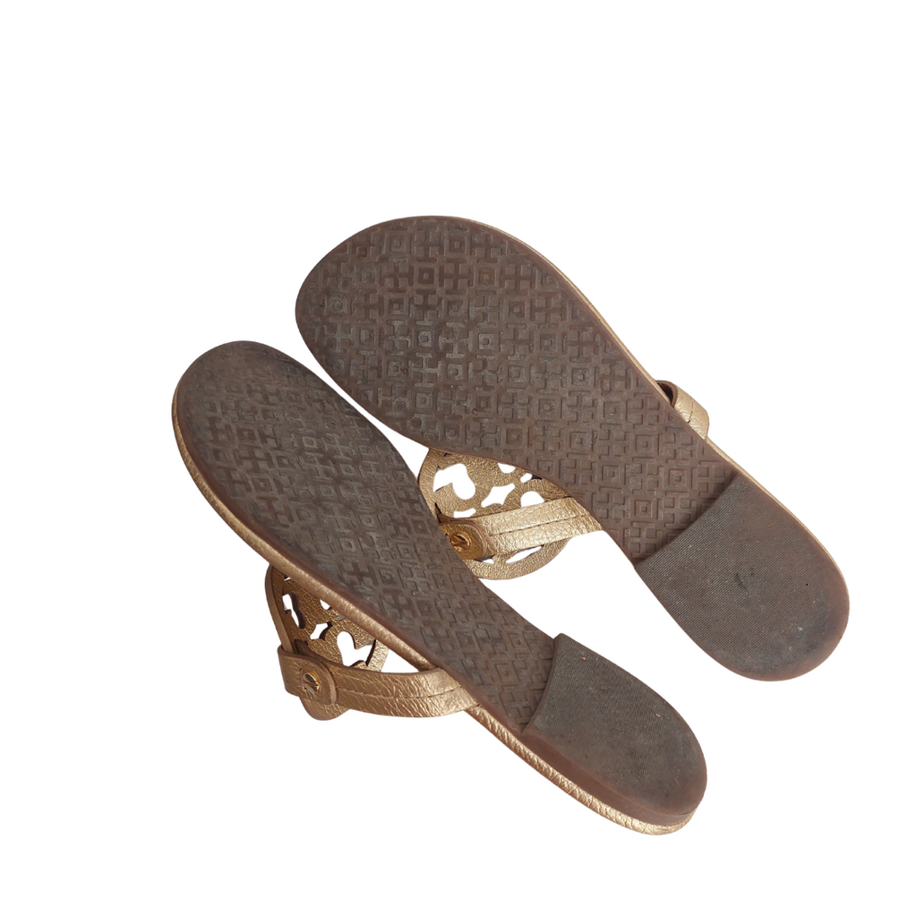 Tory Burch Gold Tumbled Metallic Leather Miller Sandals | Pre Loved |