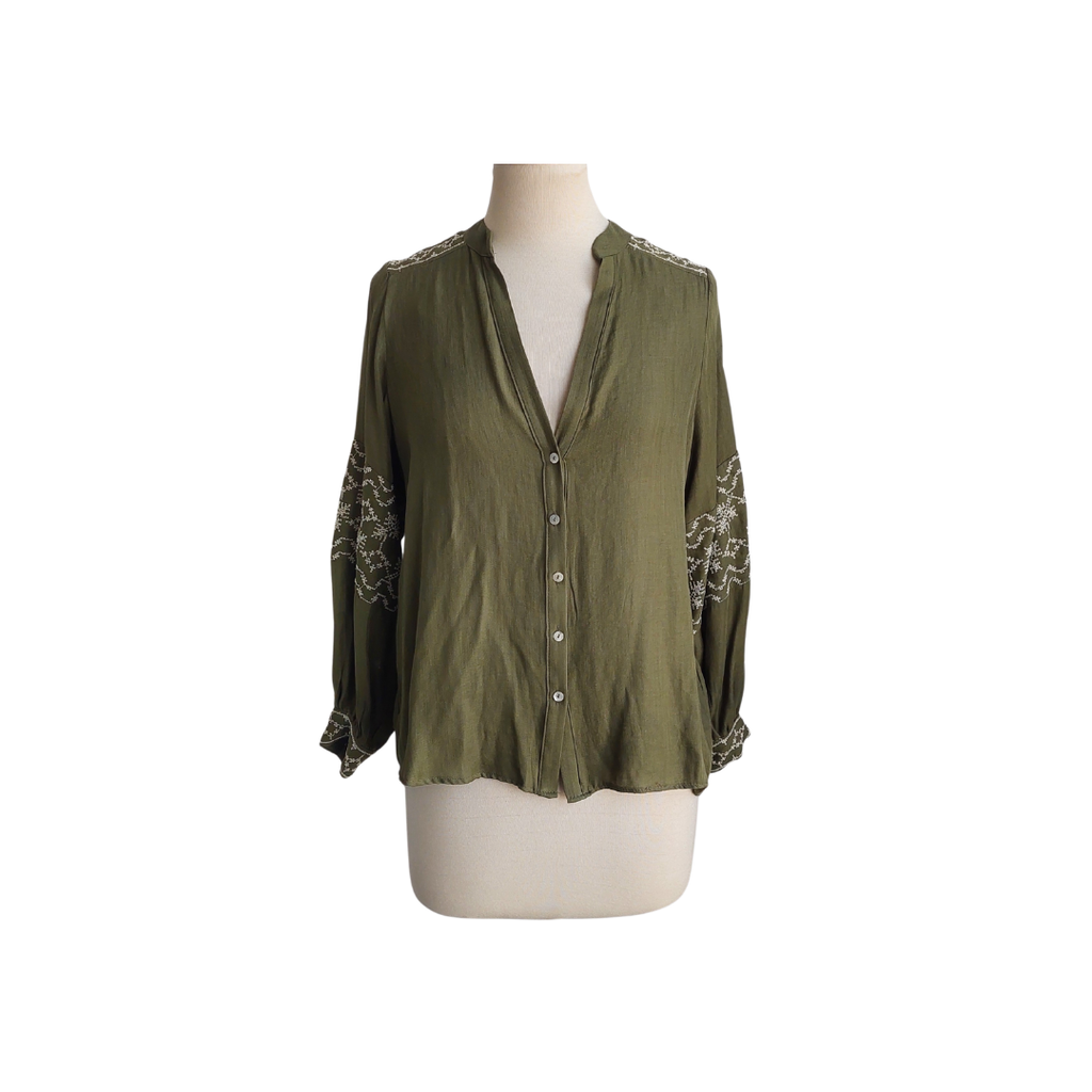Zara Green Embroidered Button Down Blouse | Gently Used |