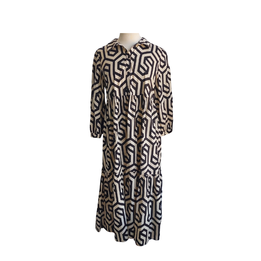 Zara Black & Cream Geometric Printed Tiered Dress | Gently Used