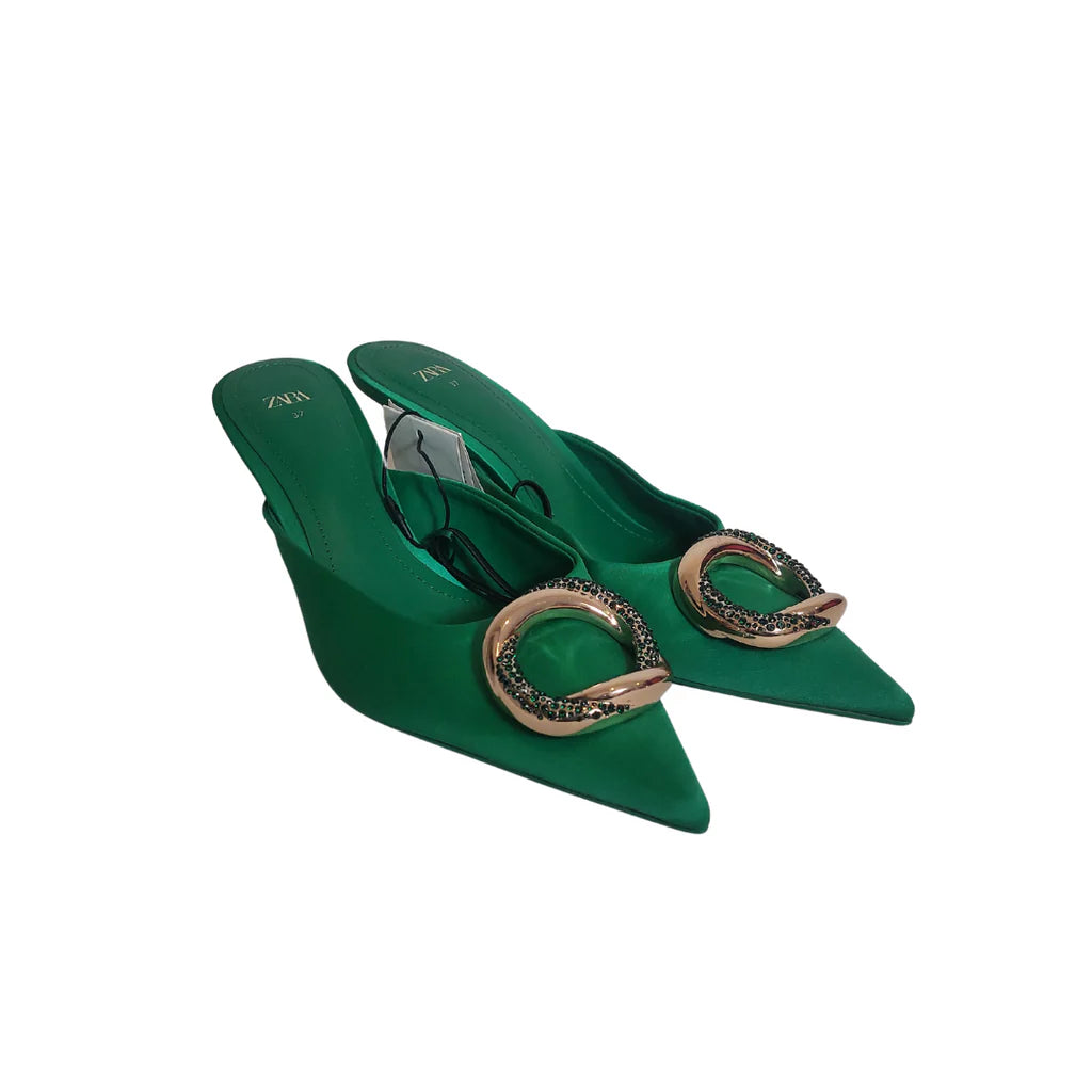 ZARA Green Rhinestone Brooch Mules Brand New Secret Stash
