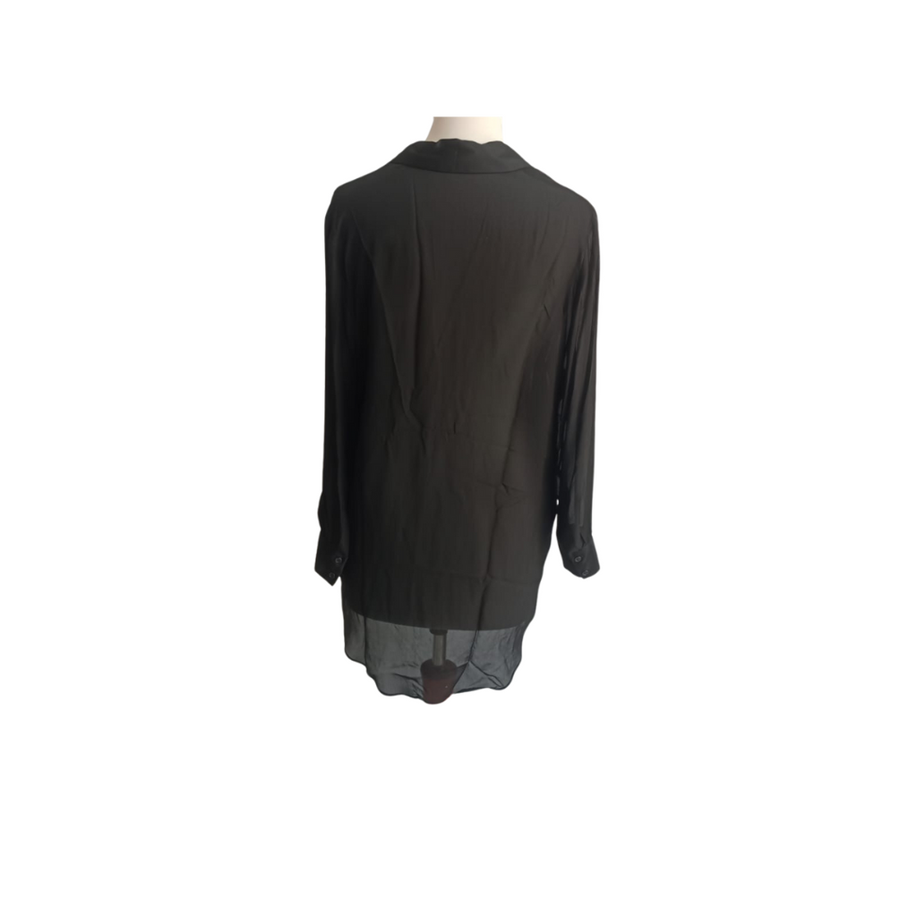 ZARA Black Semi-Sheer Satin Trim Collared Shirt | Pre Loved |