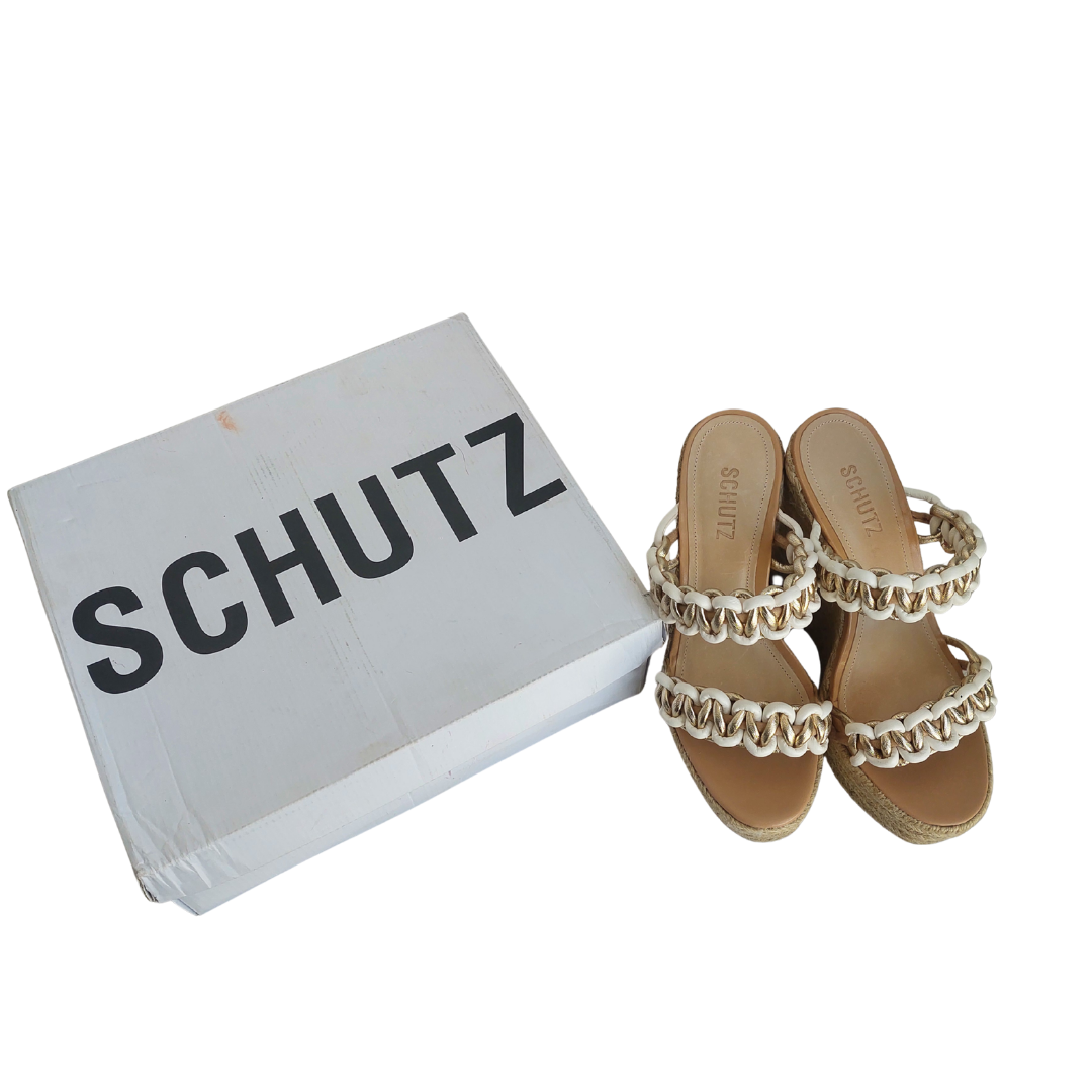 Schutz Juliet Tan And White Chain-trim Wedge Platform Sandals | Gently Used |