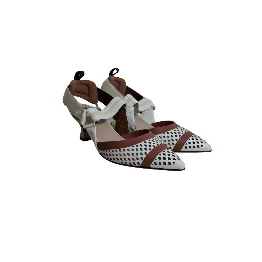 Fendi White/Brown Perforated Leather and Fabric Colibri Slingback