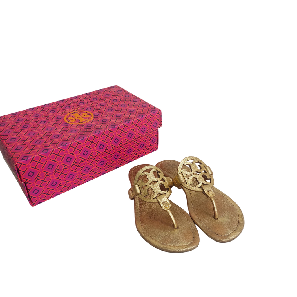 Tory Burch Gold Tumbled Metallic Leather Miller Sandals | Pre Loved |