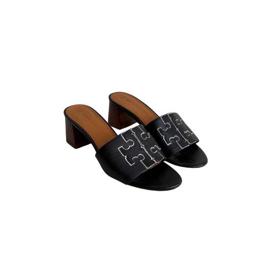 Tory Burch Black Leather Ines Signature Logo Heeled Mules | Pre Loved | - Secret Stash