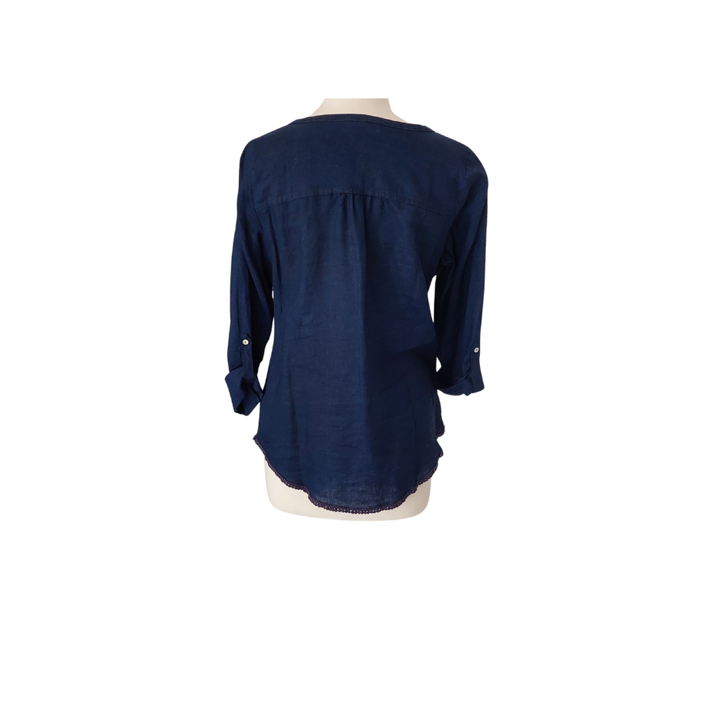 M&S Navy Linen Lace Detail Top | Gently Used |