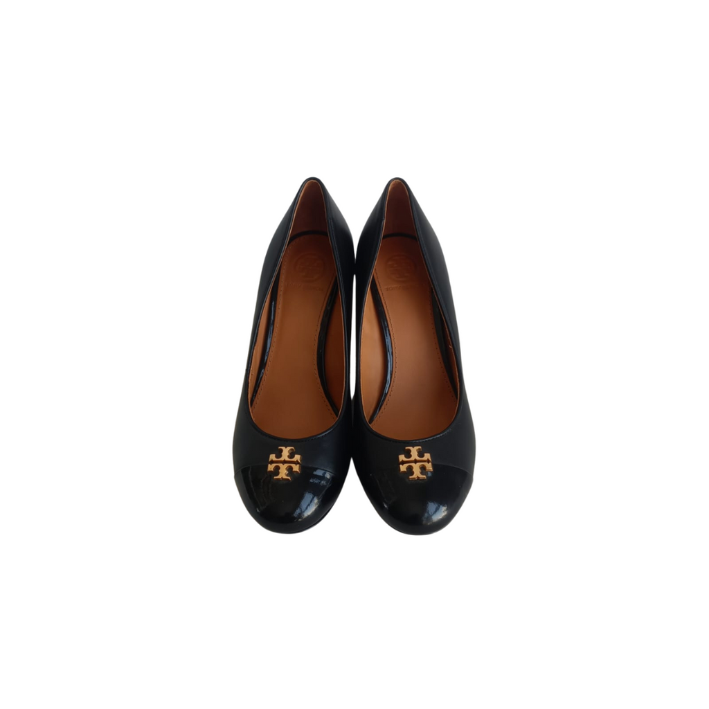 Tory Burch Black Leather Everly Cap Toe Wedges | Gently Used |