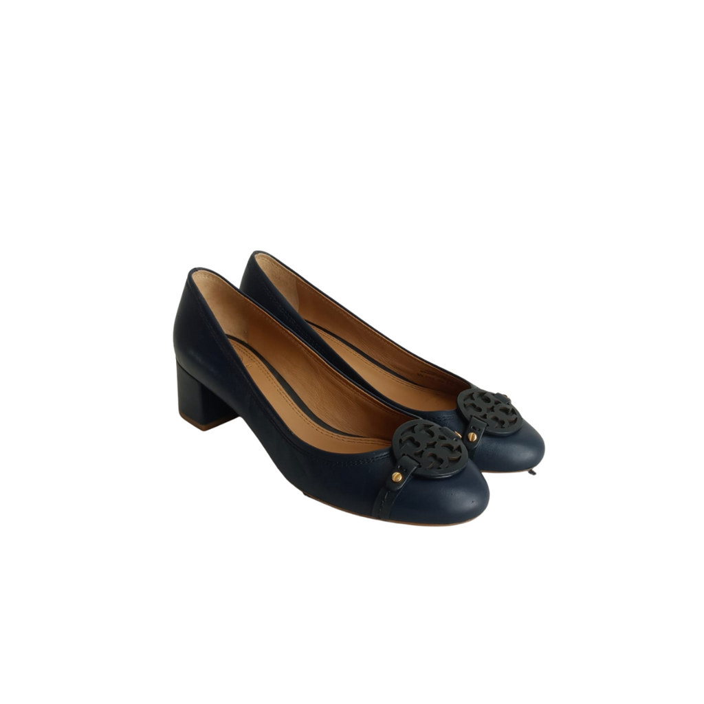 Tory Burch Navy Mini Miller Leather Logo Pumps | Pre Loved |