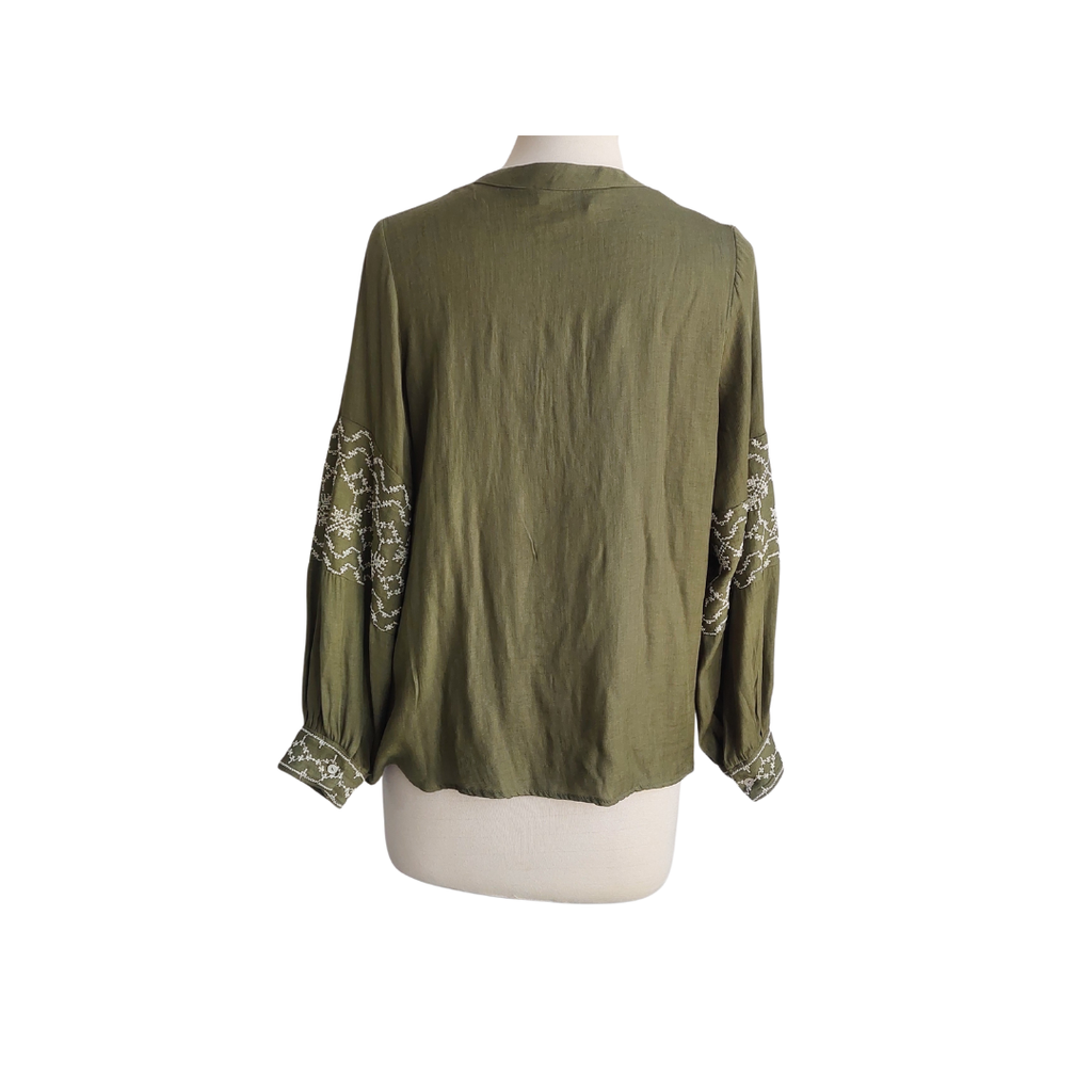 Zara Green Embroidered Button Down Blouse | Gently Used |