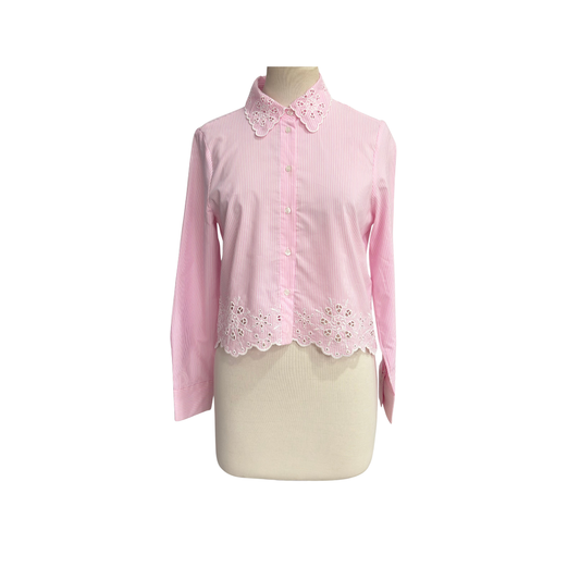 Zara Baby Pink And White Stripe Cutwork Lace Top | Pre Loved |