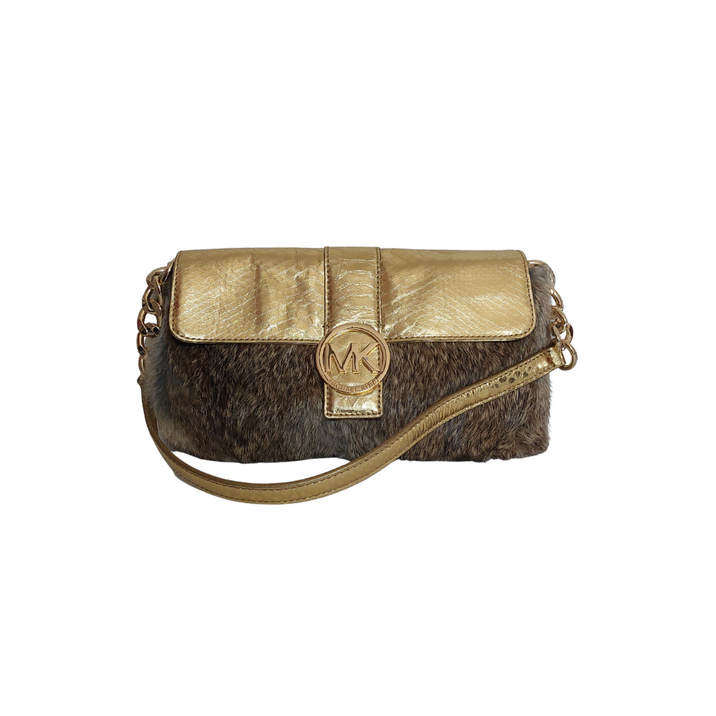 Michael Kors Gold Leather and Rabbit Fur Fulton Shoulder Bag | Pre Loved |