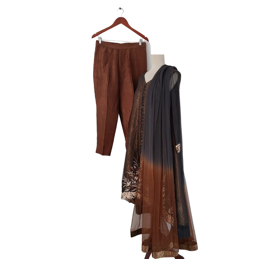 Tena Durrani Grey & Bronze Net Kameez & Dupatta with Silk Pants | Gently Used |